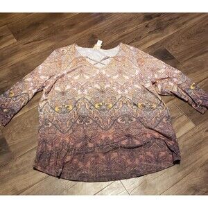 Ruby Red Brown Fall Themed Women's Blouse Sz 1X